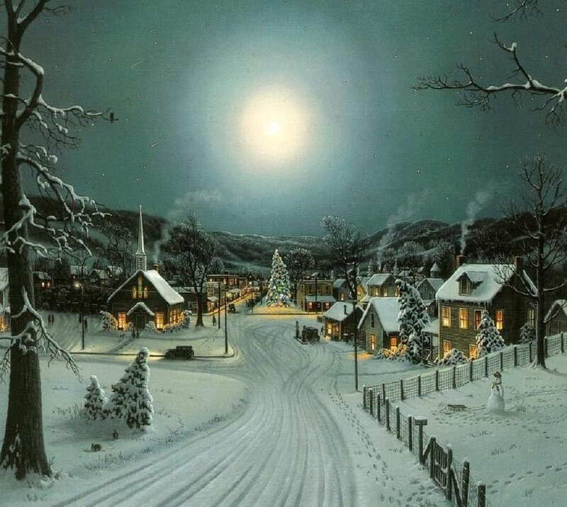 Snowy Village at Night — White, Serene, Painting, Church, Christmas Tree