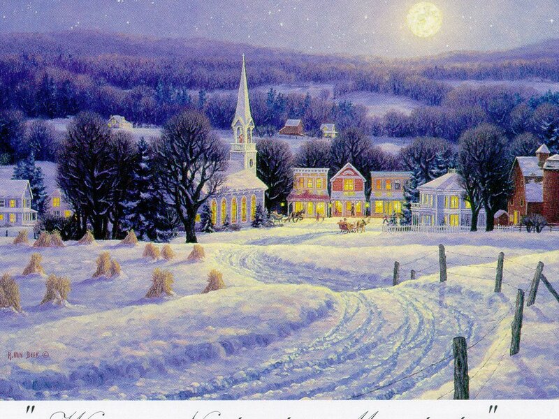 Snowy Village at Night — White, Serene, Painting, Church, Moon, Horse-drawn Carriage