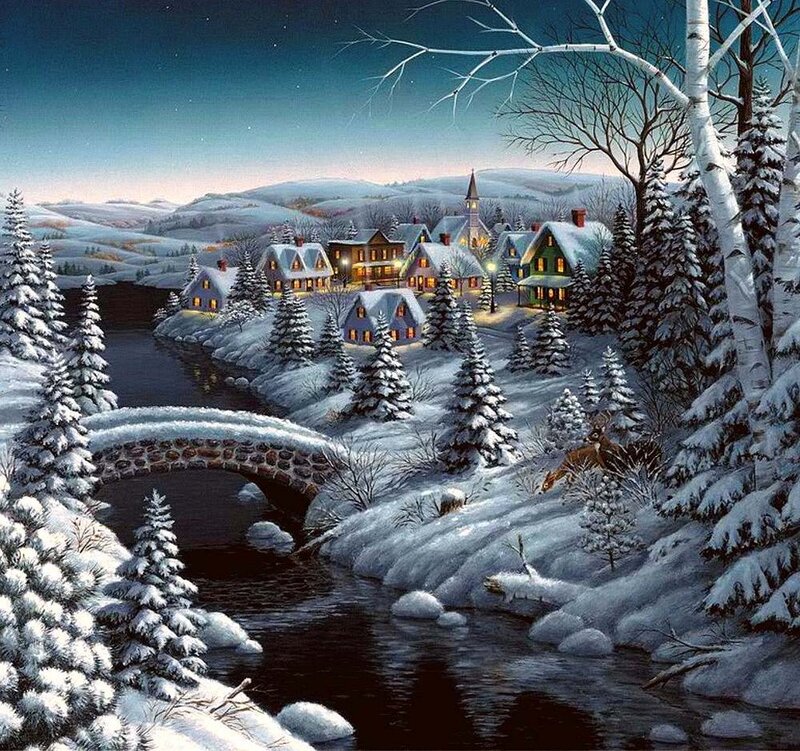 Snowy Village at Night — White, Serene, Painting, River