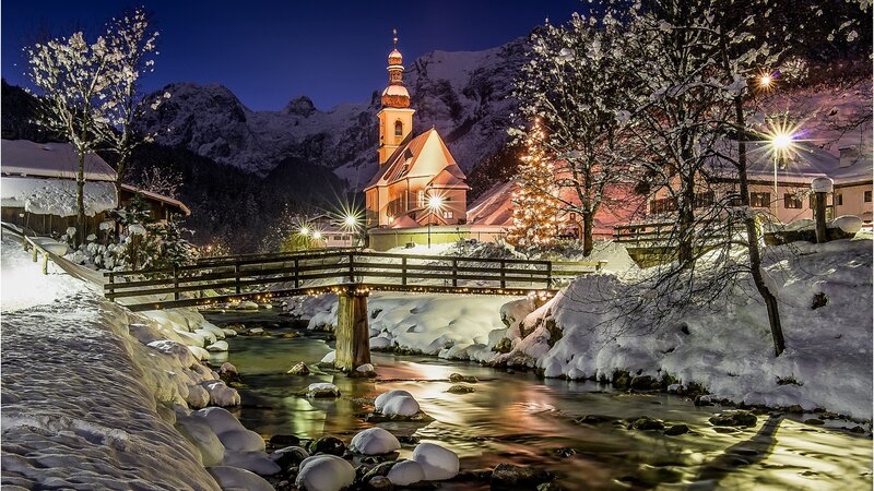 Snowy Village at Night — White, Serene, Photograph, Church