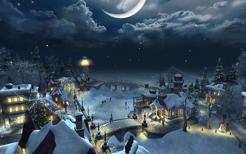 Snowy Village at Night — White, Serene