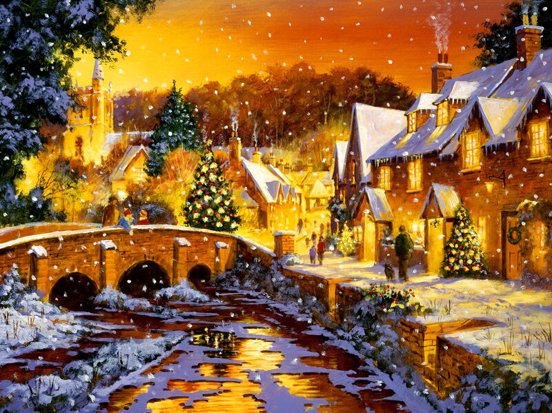 Snowy Village at Night — Yellow, Festive