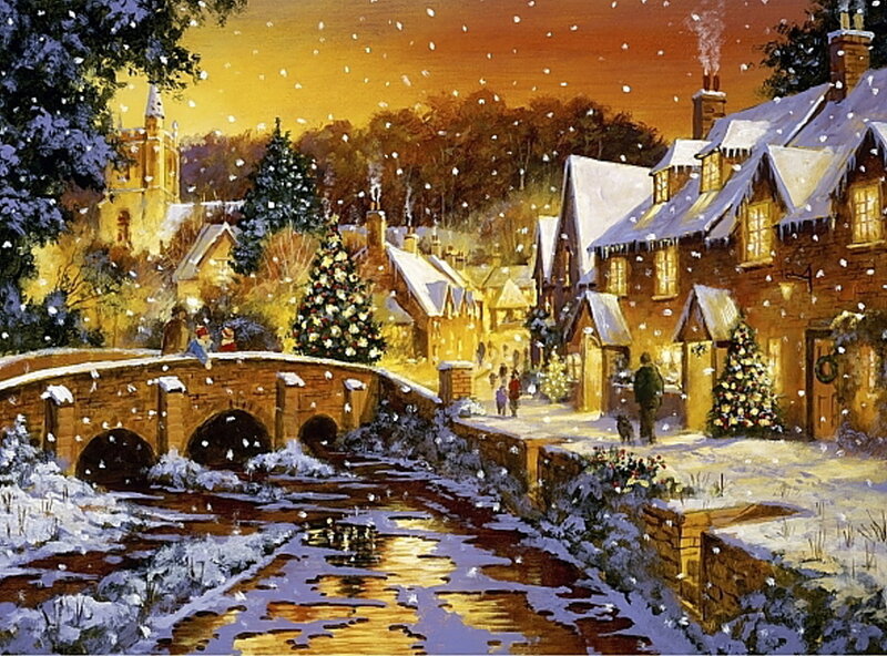 Snowy Village at Night — Yellow