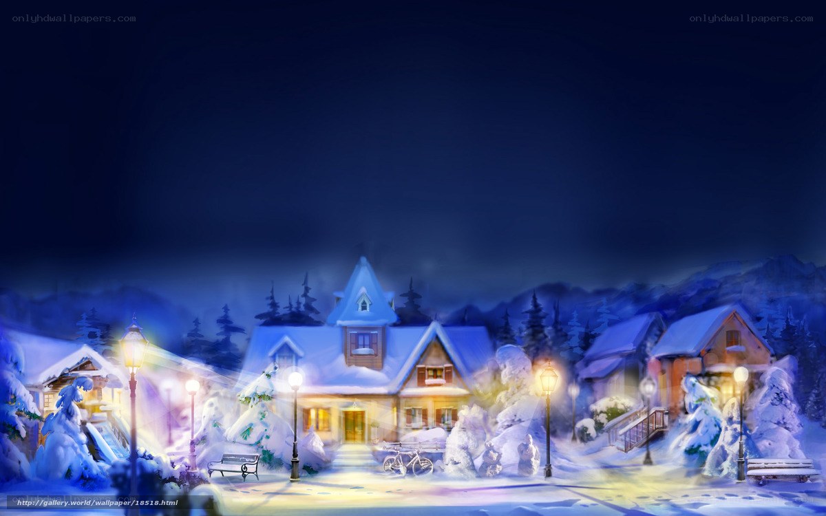 Snowy village at night