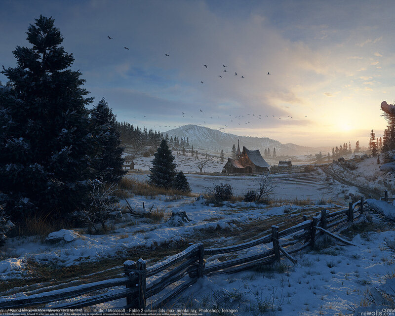 Snowy Village at Sunrise — Blue