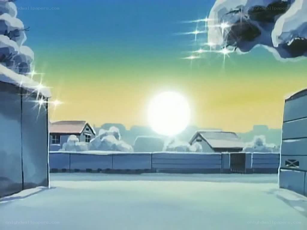 snowy village at sunrise