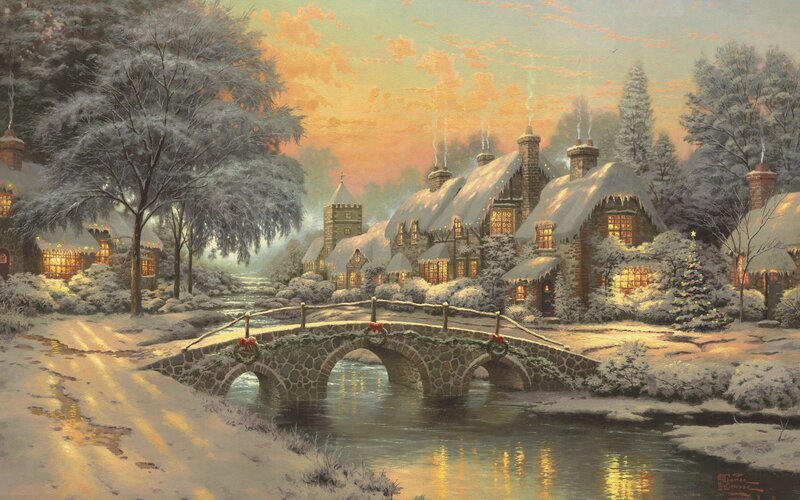 Snowy Village at Sunset