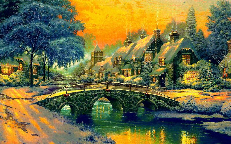 Snowy Village at Sunset — Orange, Serene