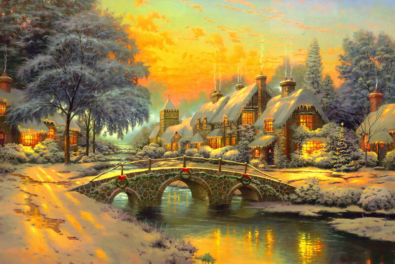 Snowy Village at Sunset — Orange