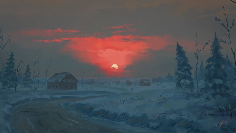 Snowy Village at Sunset — Red