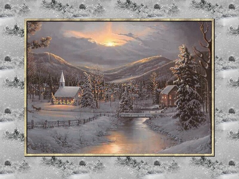 Snowy Village at Sunset — White