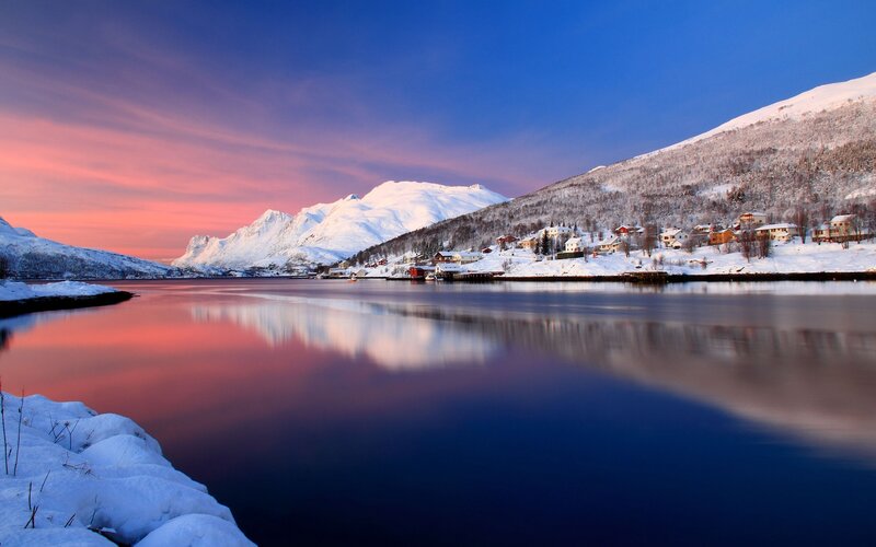 Snowy Village by Fjord — Blue