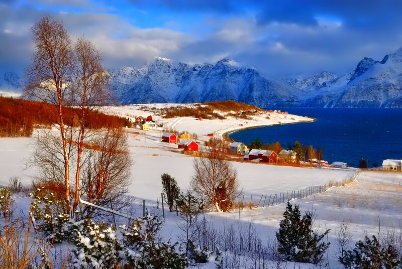 Snowy Village by Fjord