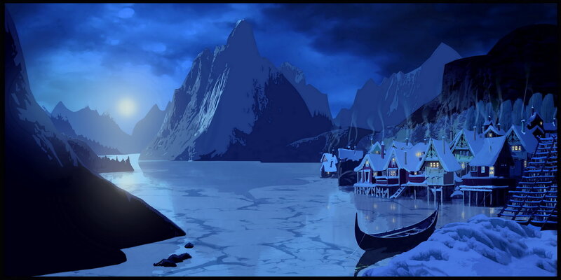 Snowy Village by Lake — Blue