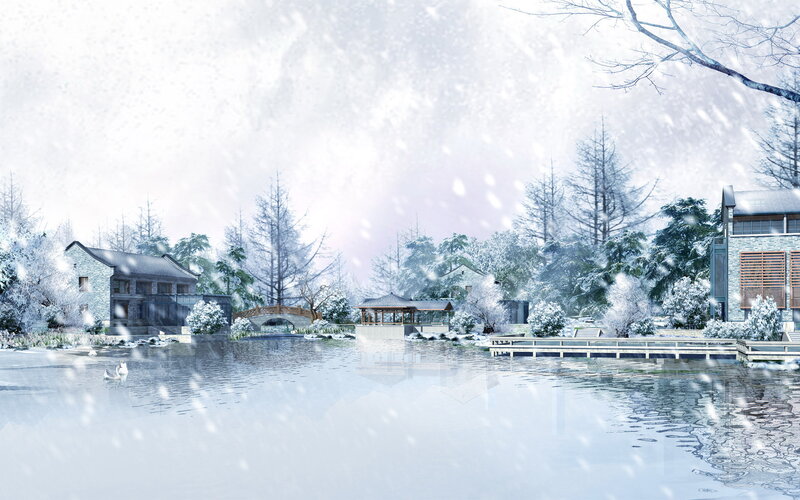 Snowy Village by Lake