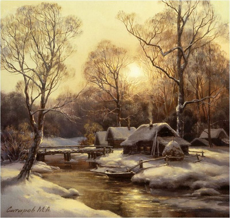 Snowy Village by River