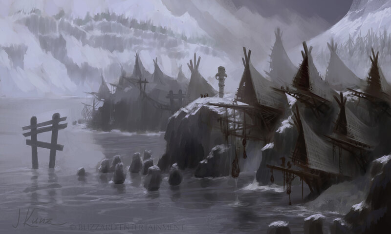 Snowy village by the water