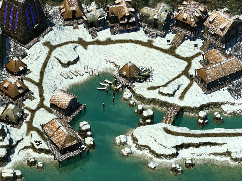 Snowy Village by Water — White