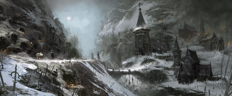 Snowy Village in Mountains — Gray