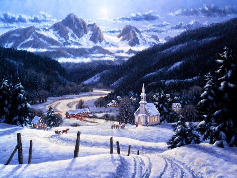 Snowy Village in Mountains