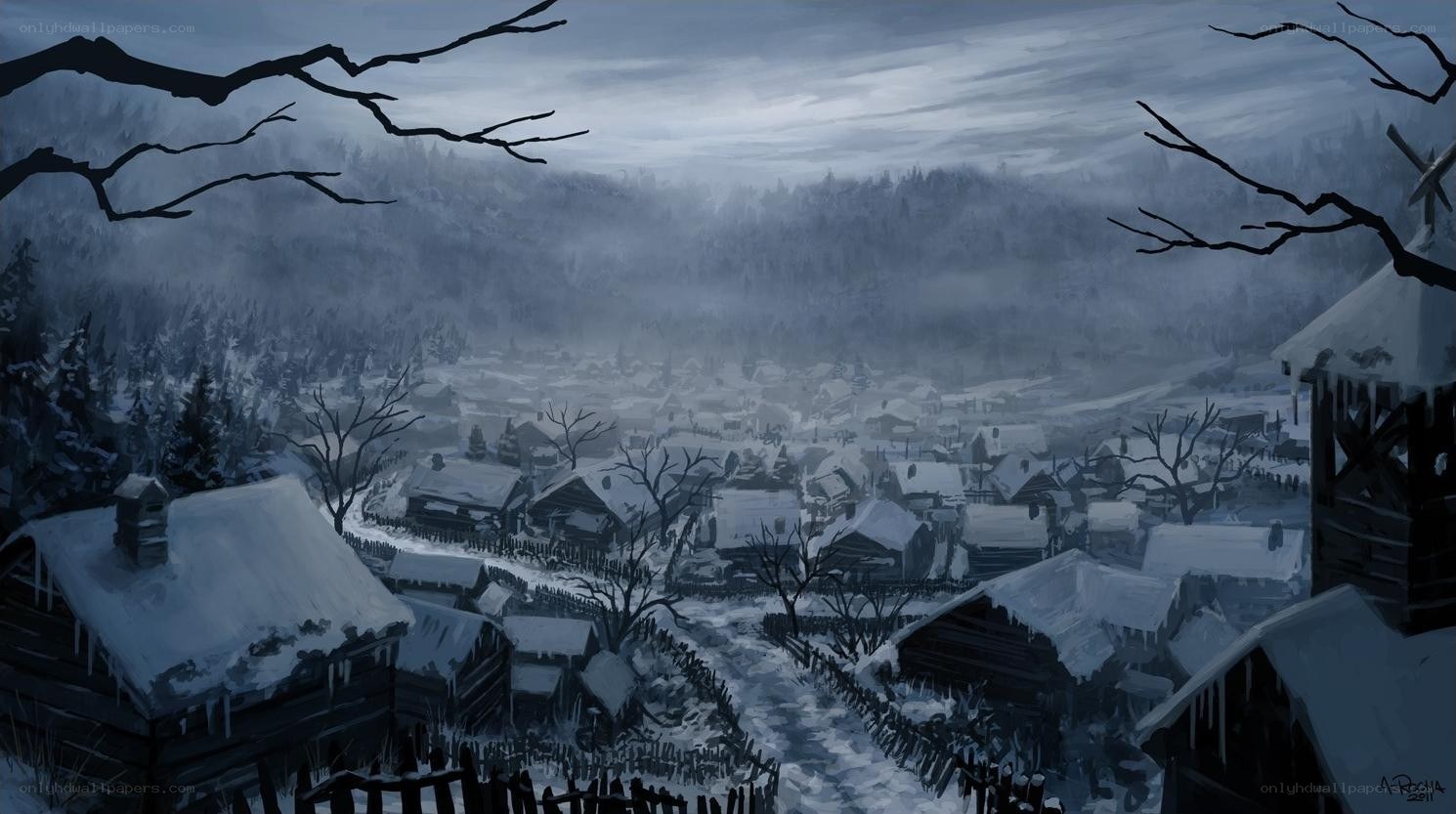 snowy village in winter