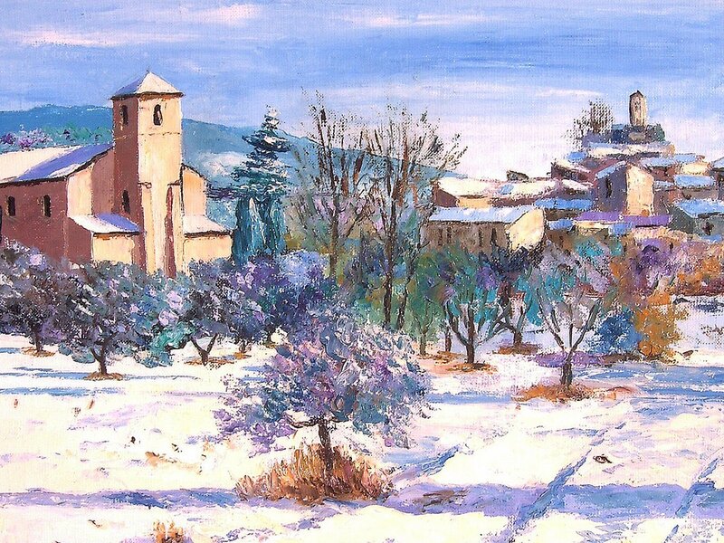 Snowy village landscape