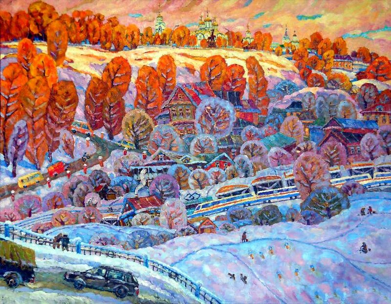Snowy Village Landscape — Orange