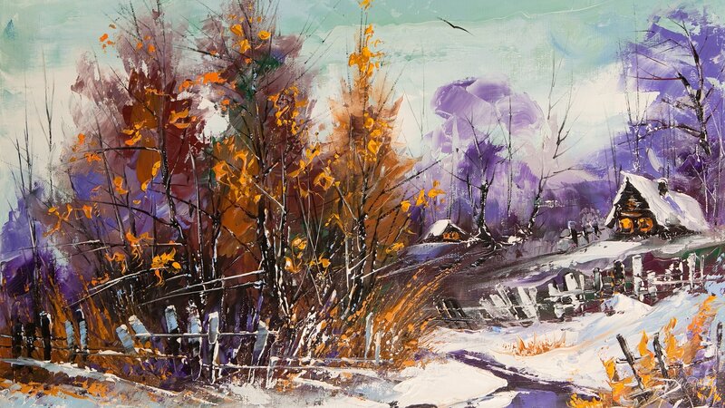 Snowy Village Landscape — White, Serene