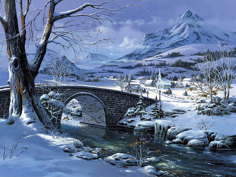 Snowy Village Landscape — White, Serene, Winter