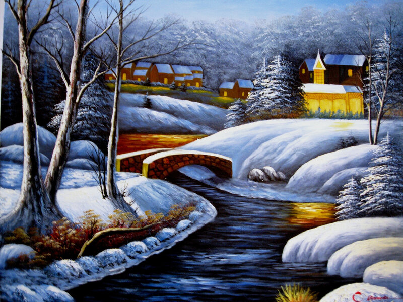 Snowy Village Landscape — White