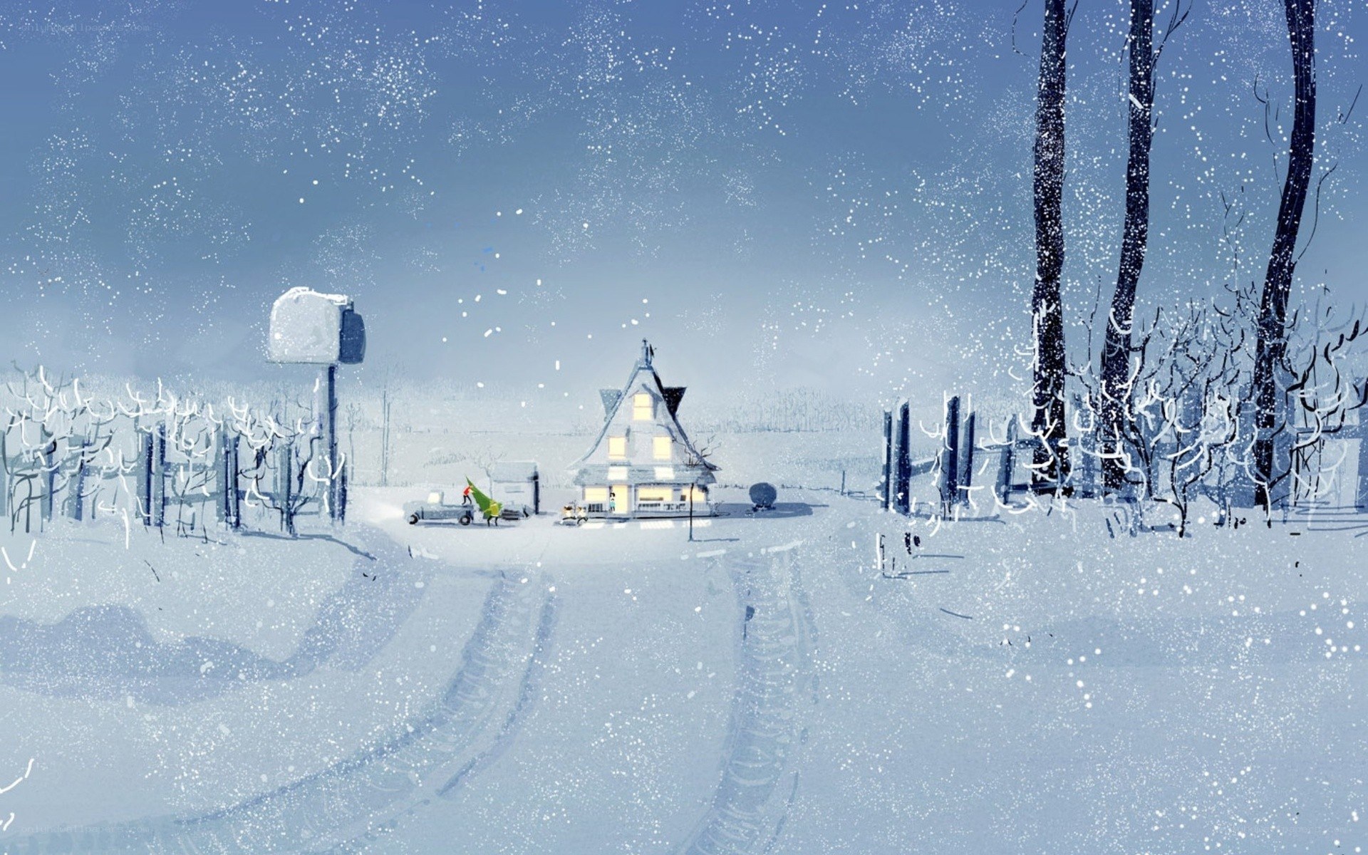 Snowy village scene