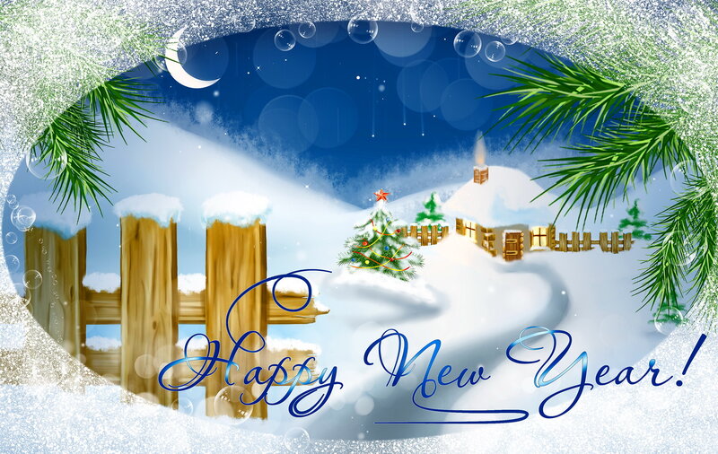Snowy Village Scene — Blue, Festive, Night