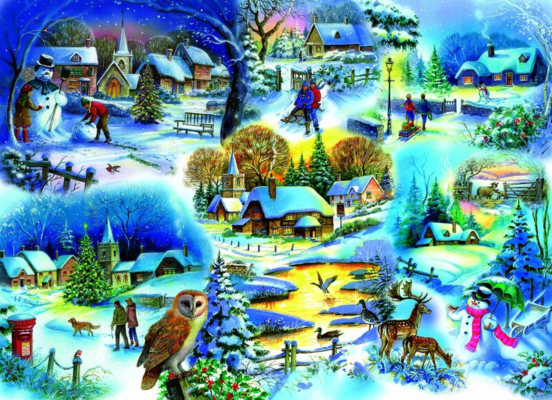Snowy Village Scene — Blue, Festive, Winter, Illustration, Snowman