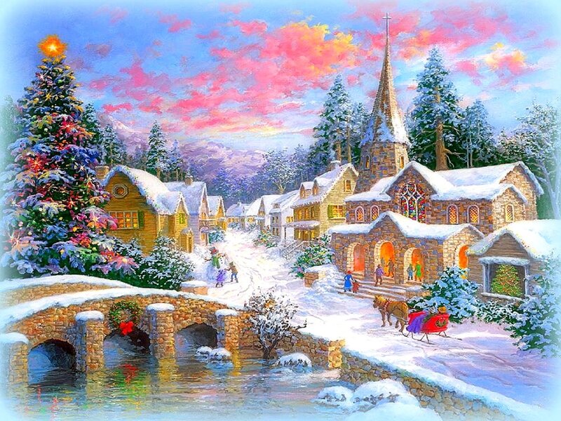 Snowy Village Scene — Blue, Festive, Winter, Painting