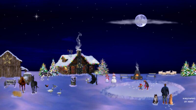 Snowy Village Scene — Blue, Peaceful, Night