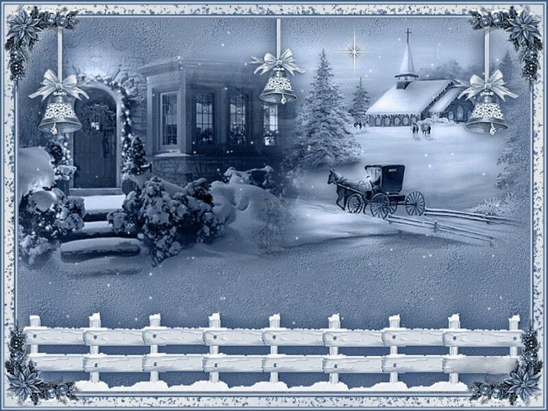 Snowy Village Scene — Blue, Peaceful