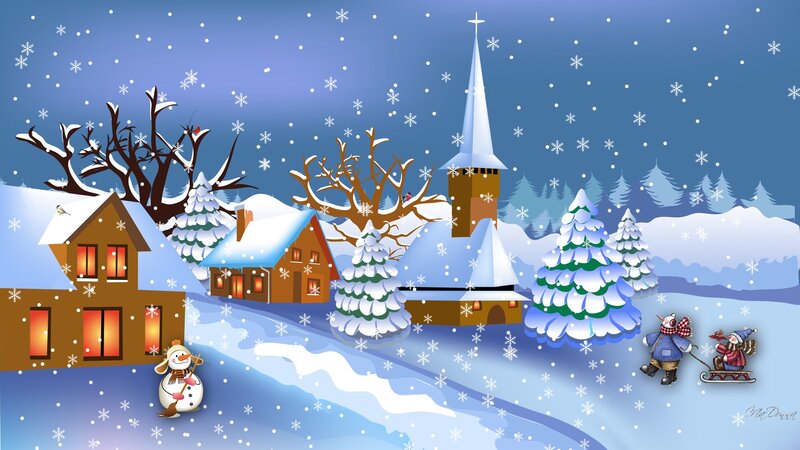 Snowy Village Scene — Blue, Peaceful, Winter