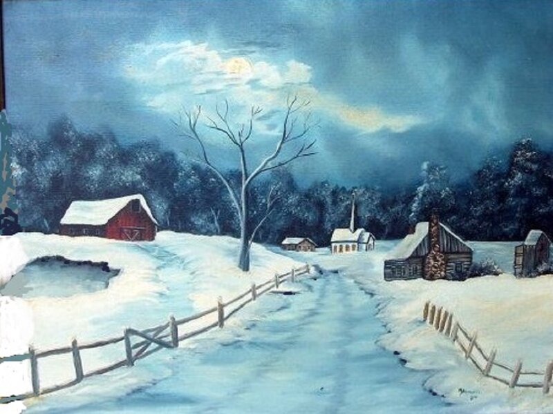 Snowy Village Scene — Blue, Serene