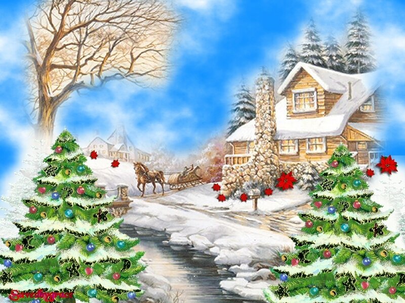Snowy Village Scene — Blue