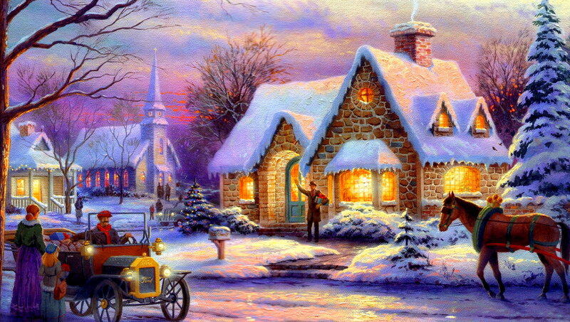 Snowy Village Scene — Purple, Peaceful