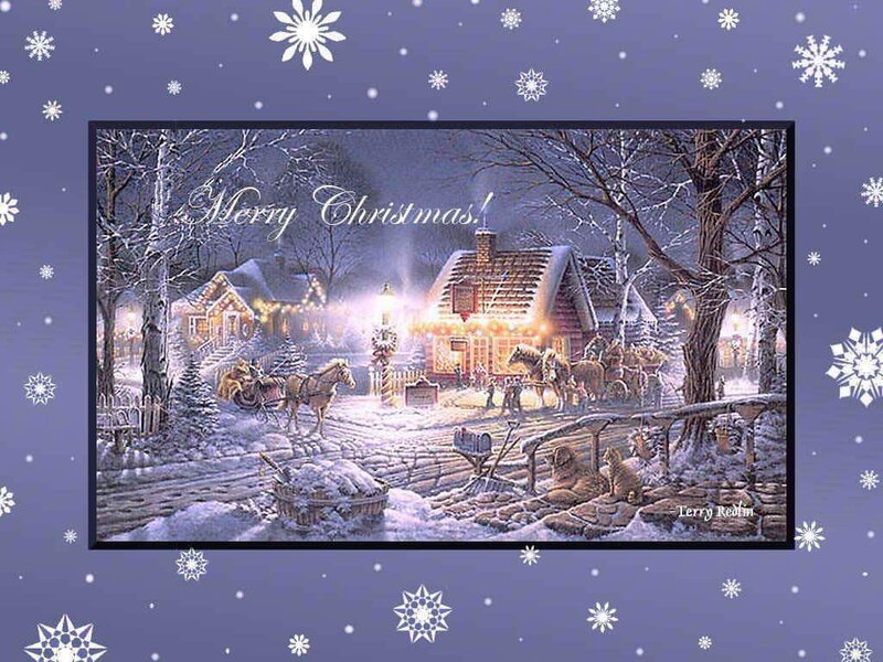 Snowy Village Scene — Purple