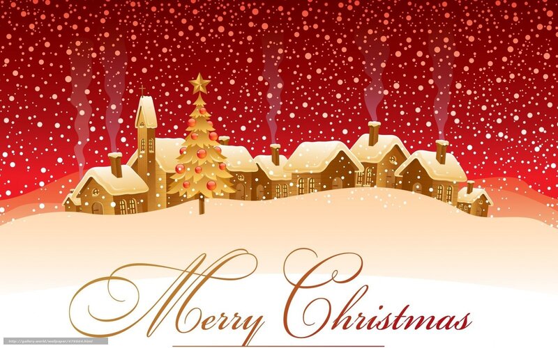 Snowy Village Scene — Red, Festive, Winter, Illustration, Christmas Tree