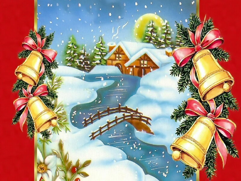 Snowy Village Scene — Red, Festive, Winter