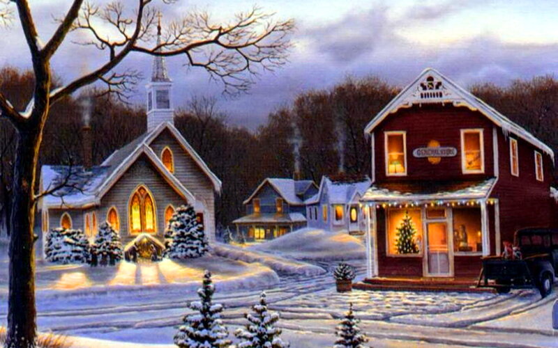 Snowy Village Scene — Red, Peaceful