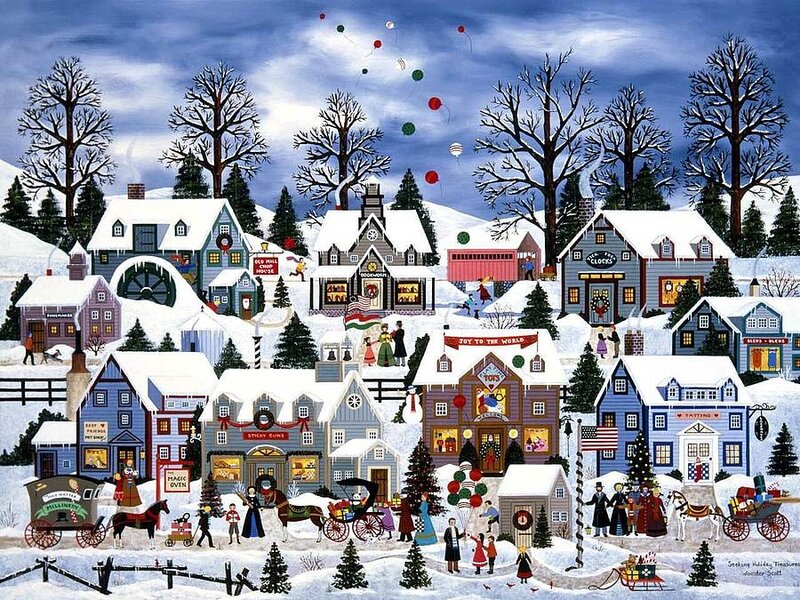 Snowy Village Scene — White, Festive, Winter, Illustration
