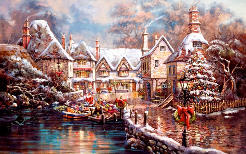 Snowy Village Scene — White, Festive, Winter, Painting, Christmas Tree