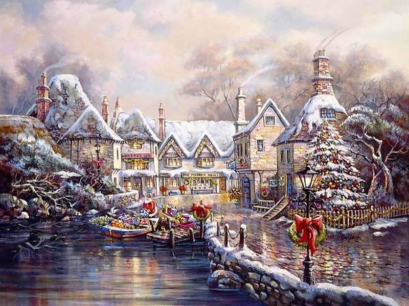 Snowy Village Scene — White, Festive, Winter, Painting, River