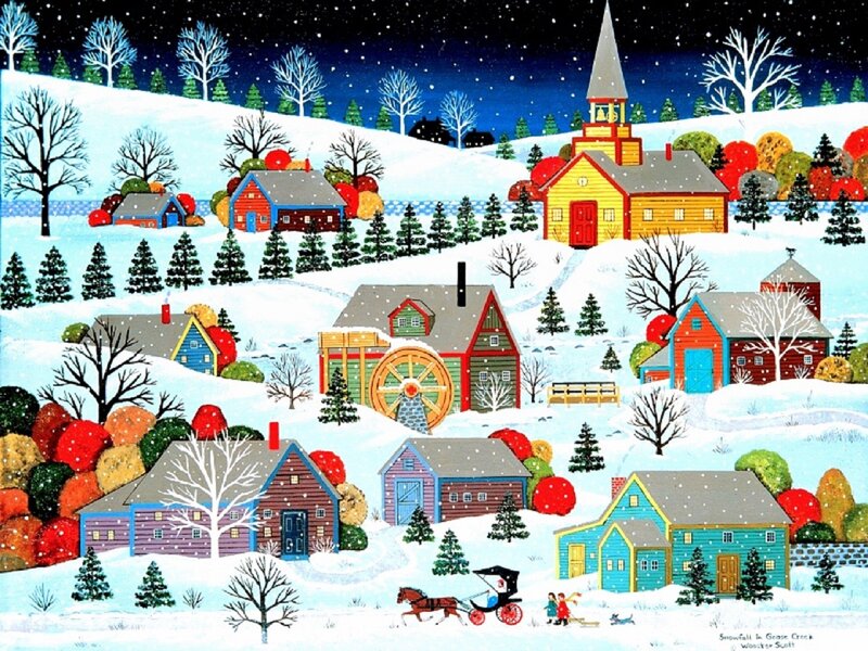 Snowy Village Scene — White, Peaceful, Night, Illustration, Houses