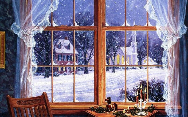 Snowy Village Scene — White, Peaceful, Night