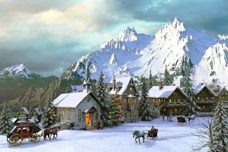 Snowy Village Scene — White, Peaceful, Winter, Digital Art, Mountains